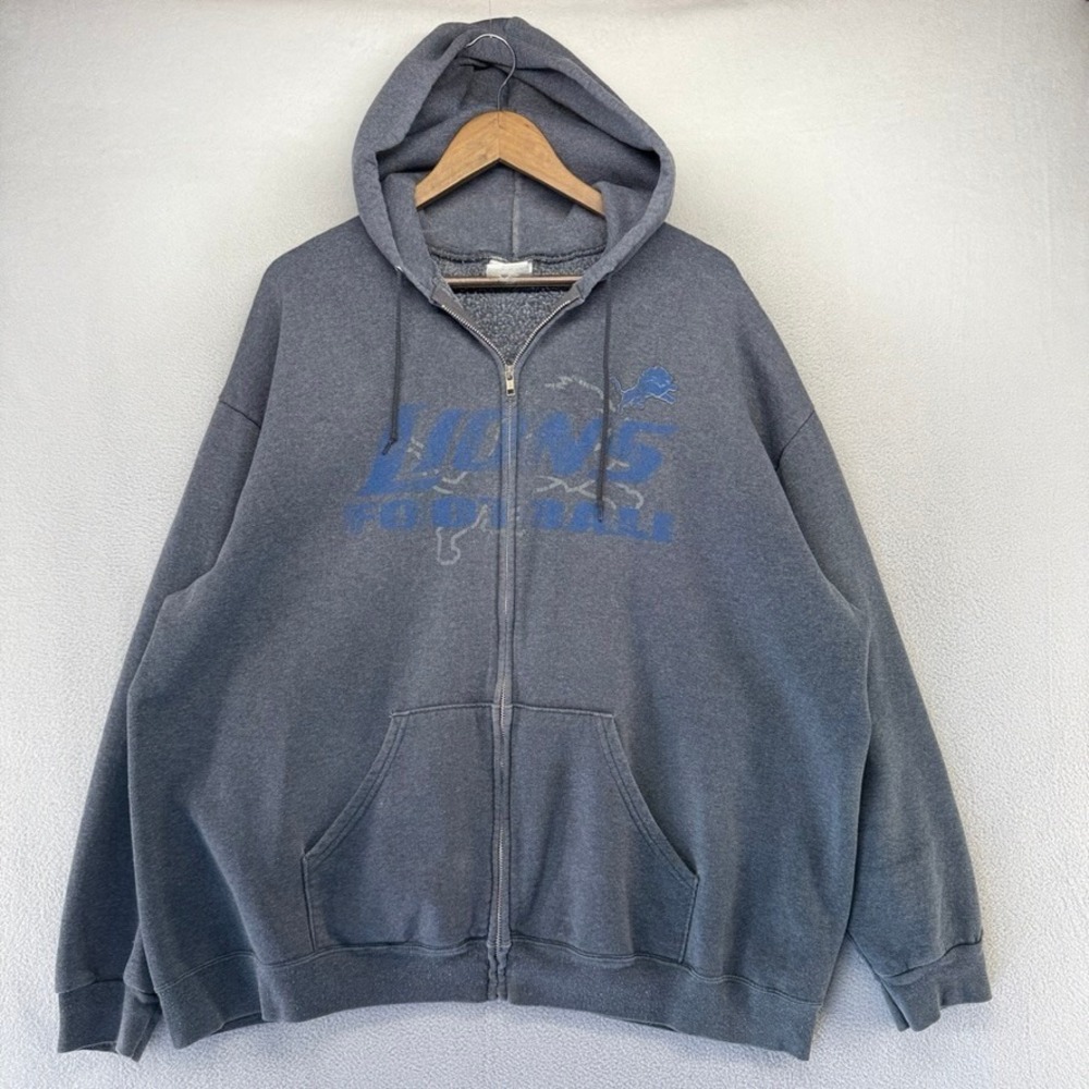 Detroit Lions Zip Hoodie Mens XL Gray Football Graphic Cotton Faded Spellout y2k